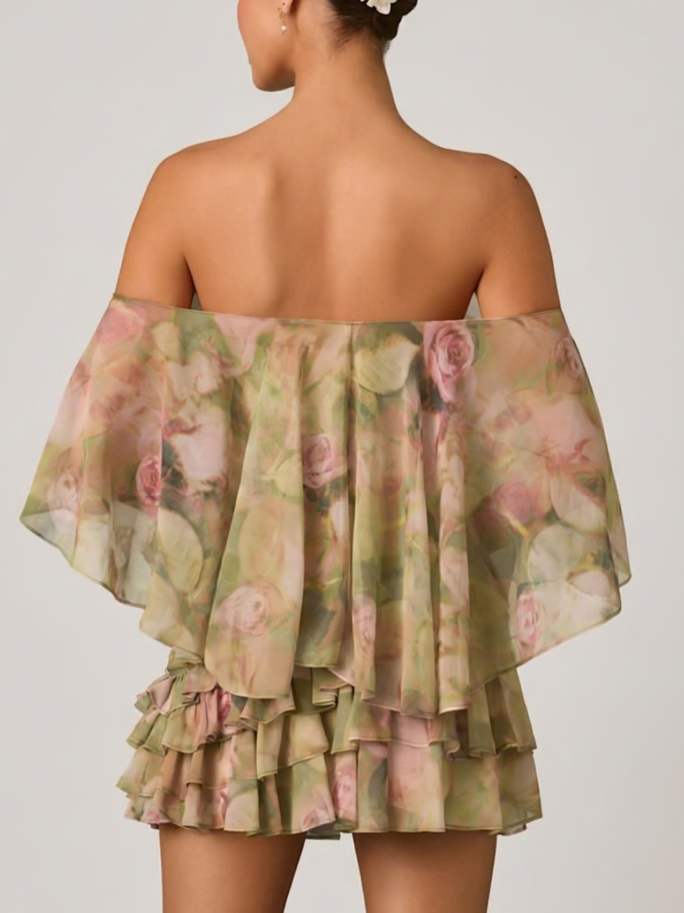 Oh Polly Floral Off-Shoulder Ruffle Mini Dress in Green and Pink - Picture 2 of 3